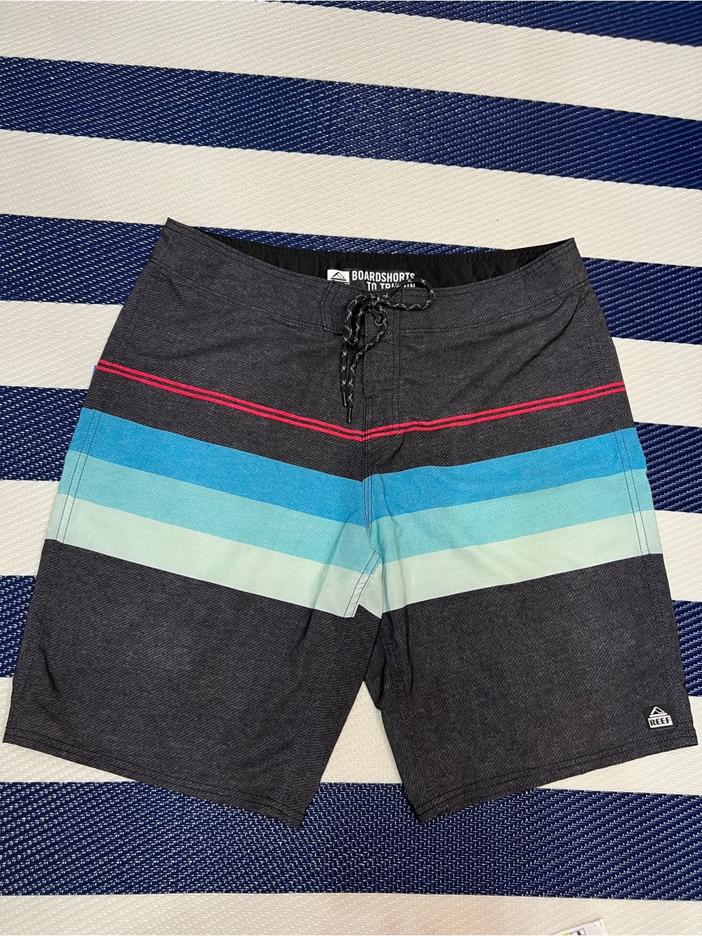 Reef Men’s Charcoal Board Shorts with Blue and Aqua Stripes